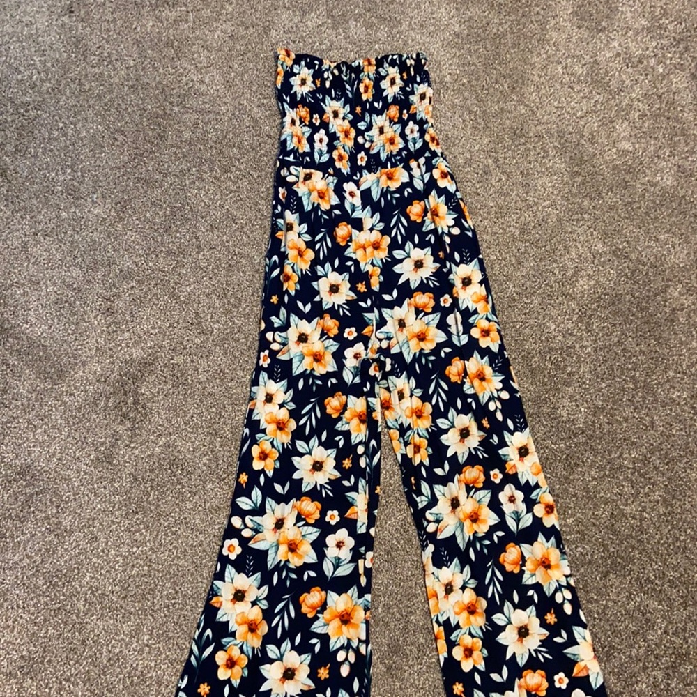 Navy floral strapless jumpsuit